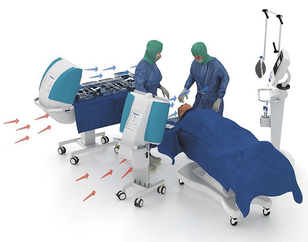Générateur de flux d'air laminaire Opério MOBILE® combiné à une table à instruments StériStay® ®